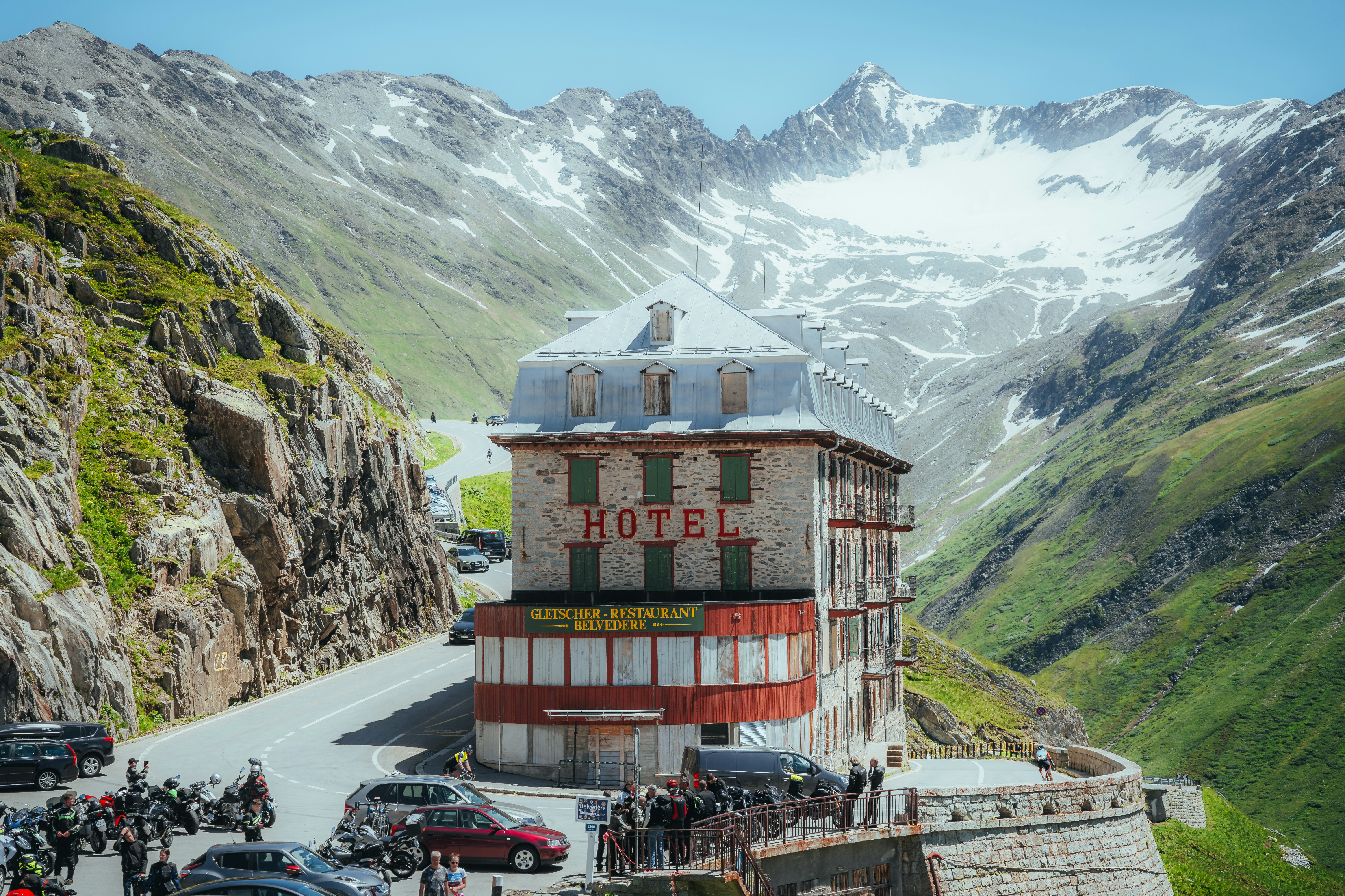 The Furka Pass road winding through the Swiss Alps