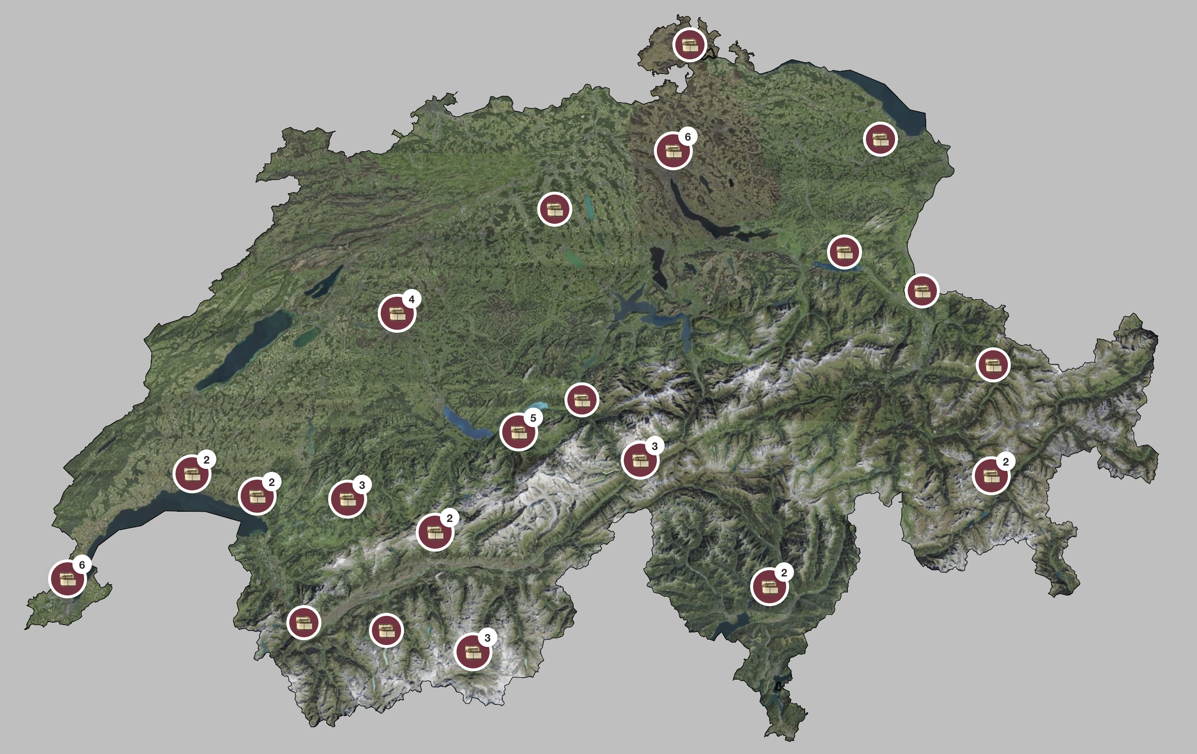 Map of Switzerland with the pack's filming locations pinned across the country